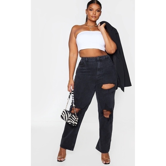 N018 RETTYLITTLETHING Plus Washed Black Ripped Straight Leg Jeans - Picture 9 of 9